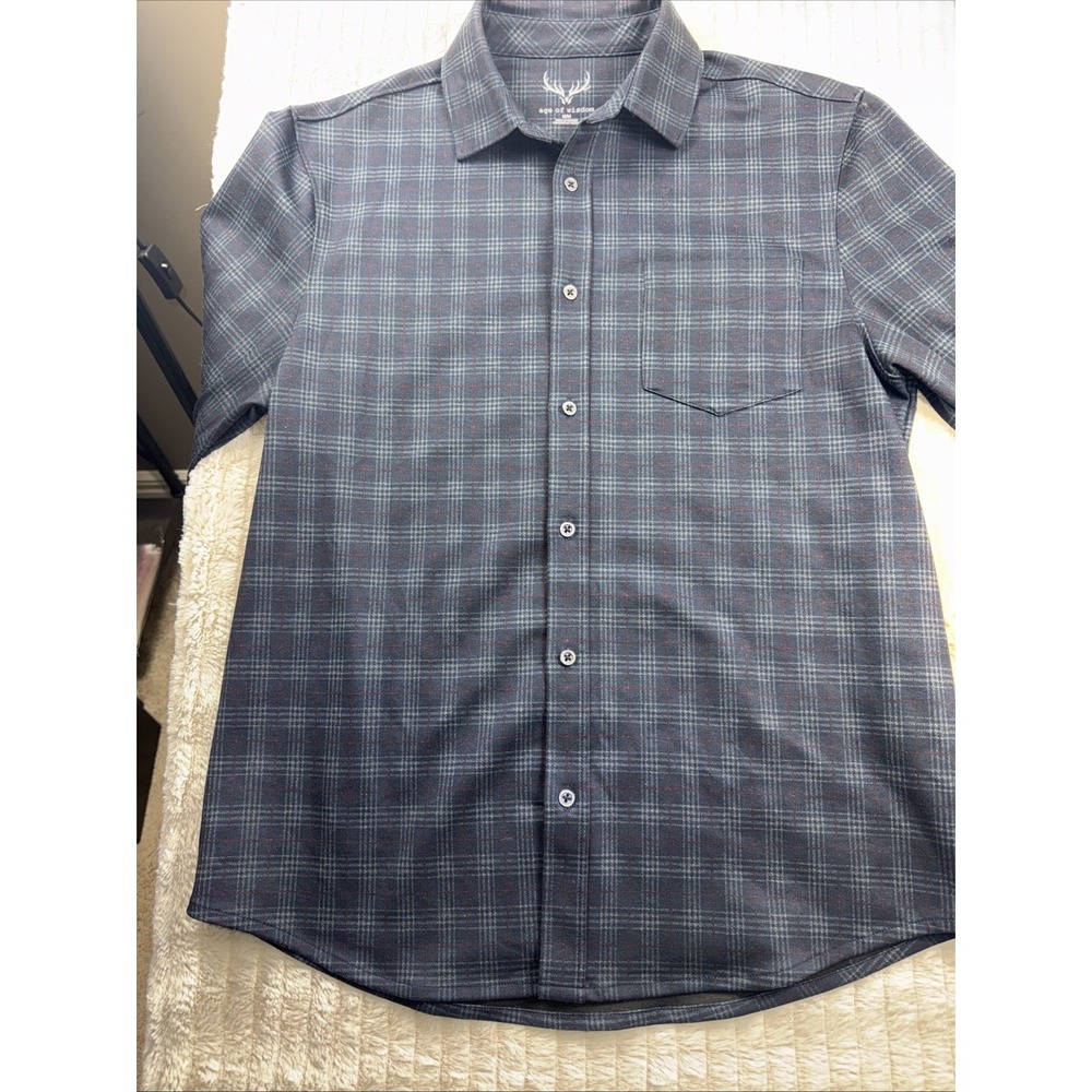 Age of Wisdom Flannel Shirt‎ Men Med Blue Plaid Flap Pocket Metal Button Shacket - Picture 5 of 12